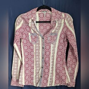 BKE Burgundy and Cream Patterned Button-Down Shirt